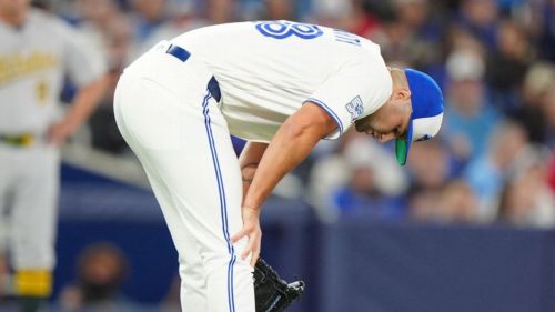 Jays P Fluharty hit by 2 batted balls, leaves game