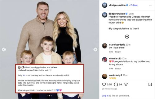 Dodgers Freddie Freeman and Wife Chelsea Announce They Are Expecting Fourth Child