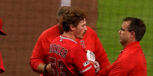 Meckler (pitch to head), Schanuel (right side) exit Angels game early