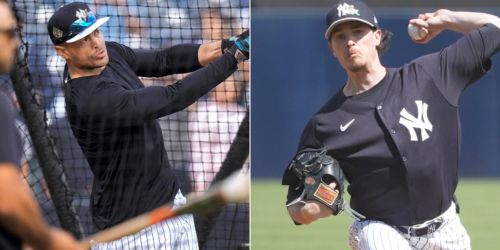 Stanton smokes 114.3 mph single in Spring Training debut