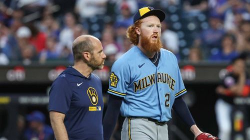 Brewers' Dustin May exits start against Mets with injury after one pitch