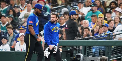 Montes (left hip) exits after crashing into wall, but X-rays come back negative